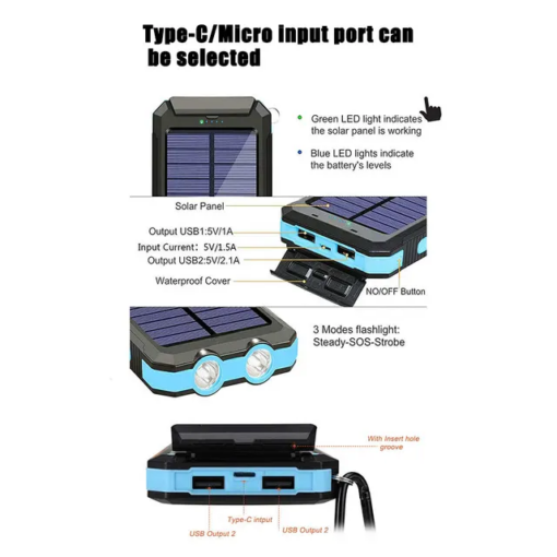 Cargador Solar WaterProof y batería portatil de 20000 mah con luz y dos puertos USB para movil y tablet - Imagen 5