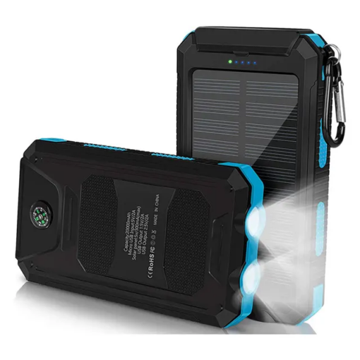 Cargador Solar WaterProof y batería portatil de 20000 mah con luz y dos puertos USB para movil y tablet